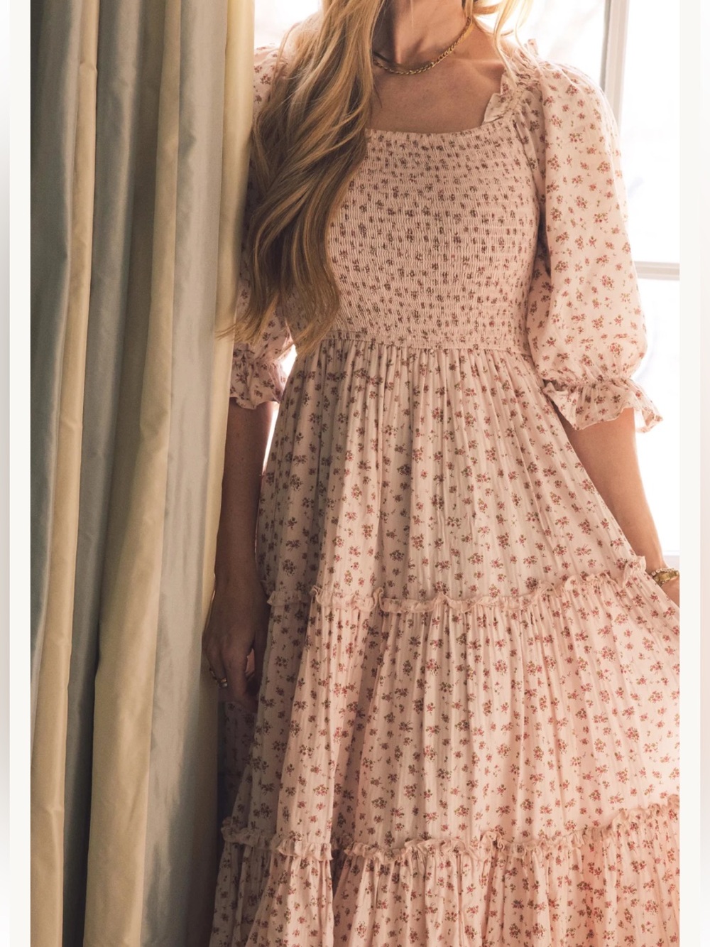 Ivy City L Light Pink Floral Tiered  Dress with Smocked Bodice
